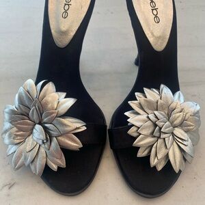 Bebe Black Heels with Silver Floral Accent